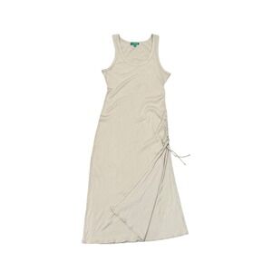 J.Crew Beige Ruched Ribbed Midi Tank Dress Side Tie Large L Neutral Staple Casua